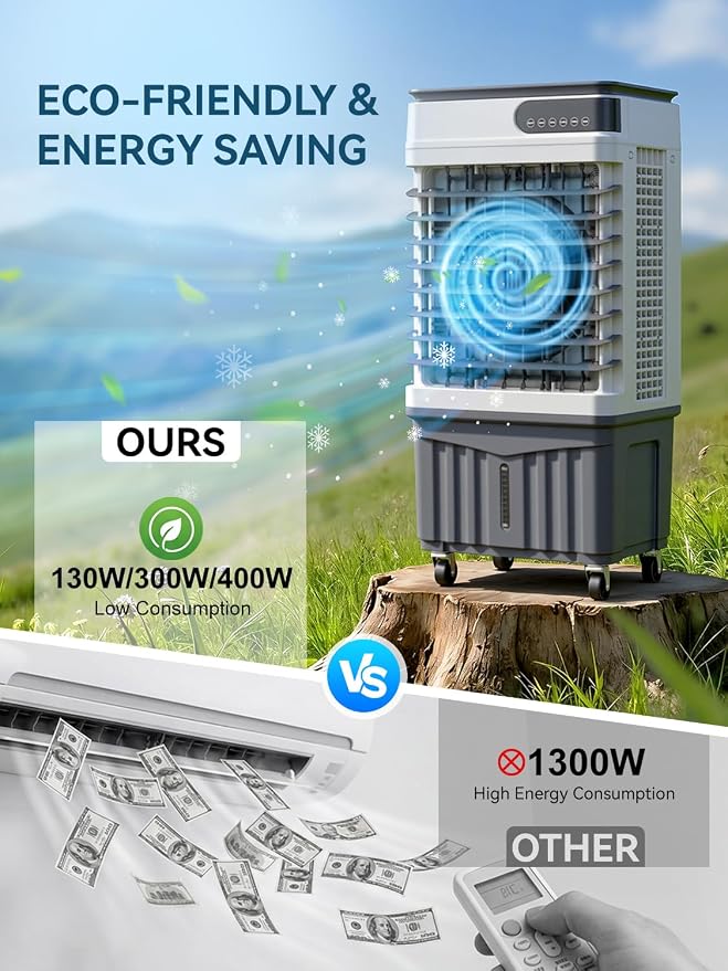 3200CFM Swamp Cooler, 4-IN-1 Evaporative Air Conditioners With 10.5 Gal Water Tank, 4 Ice Packs, Remote, 12H Timer, 120°Oscillation, 36”Portable Cooling Fan with 3 Modes&Speeds for Indoor Room（4）