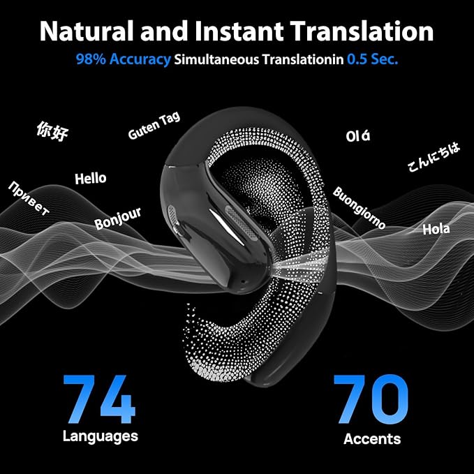 AI Language Translator Earbuds, Translation Earbuds Real Time, 3-in-1 Earbud Translator 144 Languages & Accents, Translation Headphones Fit iOS & Android for Travel Business Learning (A60 Black)