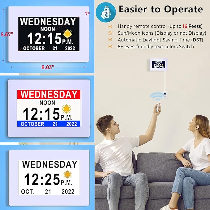 MASSII 27 Alarms Digital Talking Clock with Time Date Announcement, Auto DST, 20 Custom Reminders, 10-Level Dimmer, Sleep Trainer, Large Day Calendar Clock for Elderly Dementia Alzheimers -with Remote