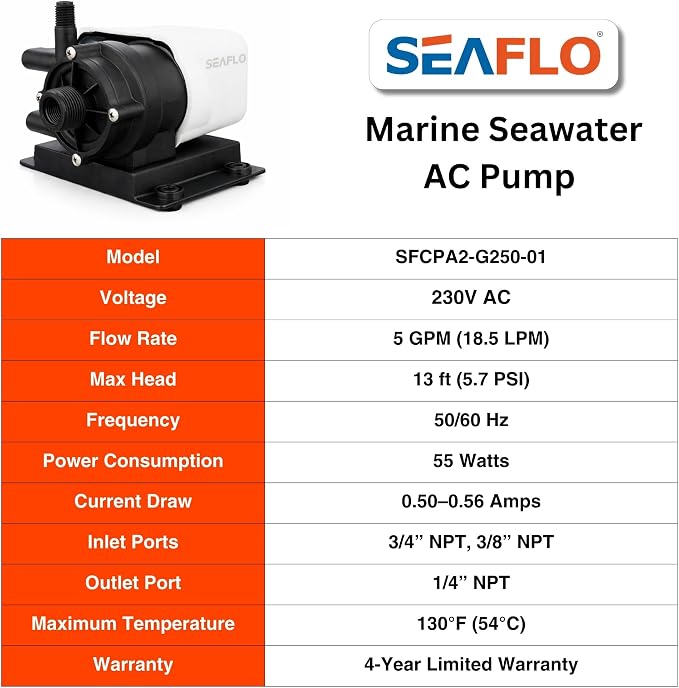 SEAFLO 250 GPH Marine Air Conditioning Pump 230V, 5 GPM Magnetic Drive Circulation Pump, 13 ft Head, Continuous Duty HVAC Pump for AC Systems up to 10,000 BTU, 4-Year Warran