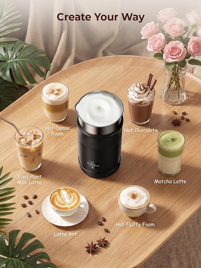 Large Capacity Milk Frother: 4-in-1 Electric Milk Steamer 350ml, 7700RPM High Speed, 120s Fast Frothing, 𝐇𝐨𝐭 & 𝐂𝐨𝐥𝐝 Foam Maker, Helpful Stainless Steel for Latte - Grayish Black