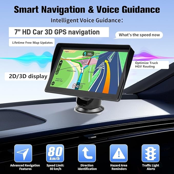 GPS Navigator for Car and Truck, 7 Inch Touchscreen, 2026 North America Maps, Voice Guidance, Speed Limit Warning, USB Connectivity