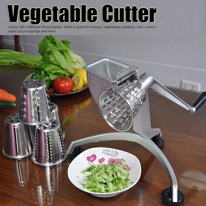 5-in-1 Rotary Cheese Grater Vegetable Cutter, Hand Crank Food Slicer with 5 Stainless Steel Blades, Multifunctional Nut Vegetable Cheese Grater for Kitchen Food Prep