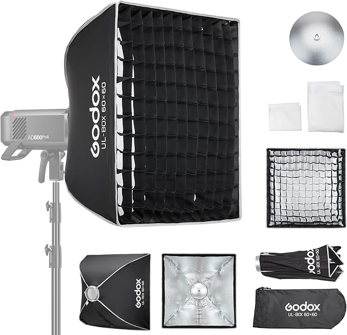 Godox Square Softbox Compact Bowens Mount Softbox 23.6in*23.6in/60cm*60cm with Grid Diffuser Quick Release Photography Lighting Softbox for Photography Shooting Continuous Light Monolight Strobe Flash