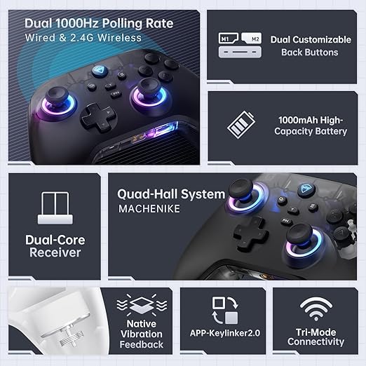Machenike G3V2 Bluetooth Controller for Pc/Switch/Ios/Android, Hall Effect Joysticks, RGB Lighting Gaming Controller,2 Programmable Buttons,1000mah Battery With Charging Station, Black