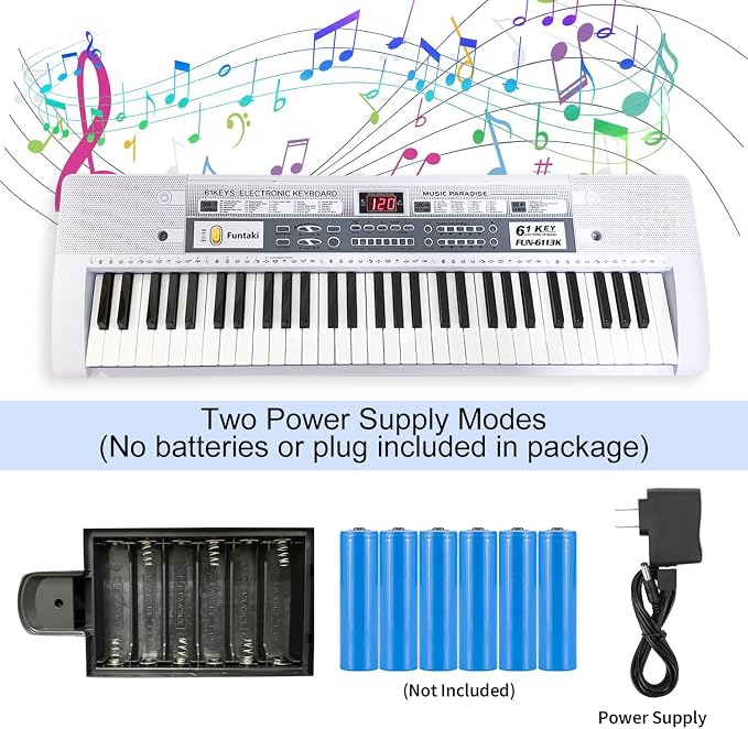 61 Key Electronic Keyboard Piano with Lighted Up Keys, Musical Mini Keyboard Piano with keyboard stand, Digital Portable Synthesizer Keyboards for Beginners Kids Adults (white)