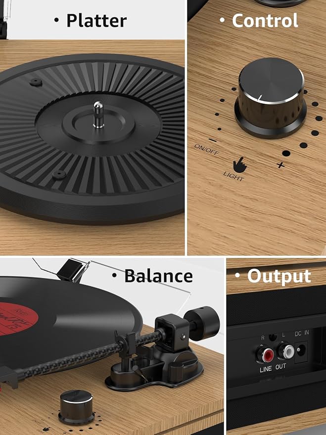 Vinyl Record Player Bluetooth Turntable with Built in Speakers High Fidelity Belt Drive 2-Speed Turntables with Magnetic Cartridge AT-3600L Record Players with Light Strip, Support RCA Output, Walnut
