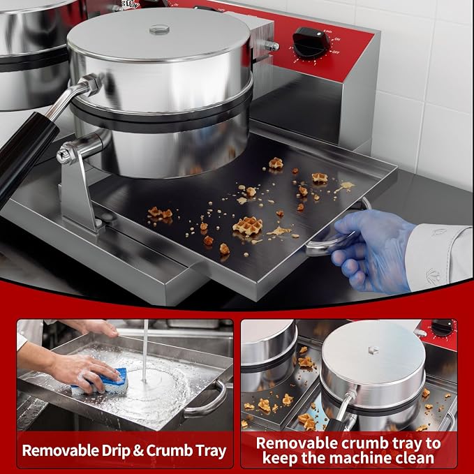 CROSSON Commercial Double Waffle Maker,Professional Dual-Head Round Belgian Waffle Maker Non-Stick Plate Machine with Temp and Time Control for Home Kitchen,Restaurant Bakeries Kitchen 120V/2600W
