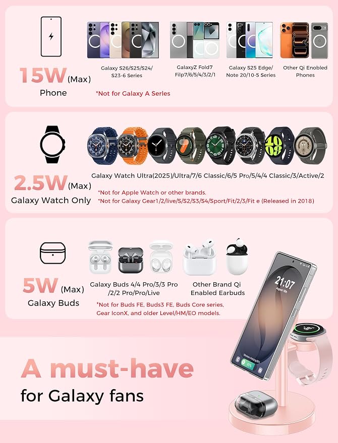 Magnetic Wireless Charger for Samsung, 3 in 1 Super Fast Charging Station Compatible with MagSafe, Phone Charger Stand for Samsung Galaxy S26 Ultra S25 Z Fold/Flip 7, Watch Ultra 8 7 6, Buds 4/3 Pro