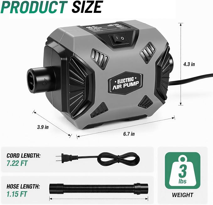 600W Electric Air Pump for Inflatables, High Power Air Mattress Pump with 6 Nozzles, Quick Inflate & Deflate Air Pump for Pool Floats, Vacuum Storage Bags, Swim Rings, Inflatable Toys