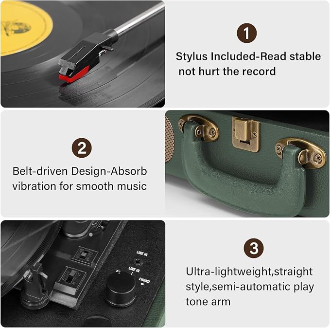 Vinyl Record Player Bluetooth Turntable 3-Speed Suitcase Portable Vintage Belt-Driven Record Player with Built-in Speakers RCA Line Out AUX in Headphone Jack Military Green