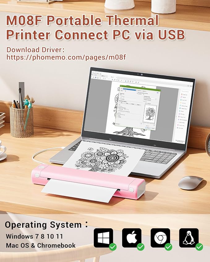 Phomemo Portable Printers Wireless for Travel, M08F Thermal Bluetooth Printer Support for 8.5"x11" US Letter, Small Inkless Printer Compatible with iOS, Android, Laptop for Car, Office, Home