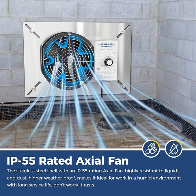 ALORAIR 260 CFM Stainless Steel Crawl Space Ventilation Fan with Humidistat Dehumidistat, IP55 Rated Crawlspace Vent Fan for Foundation Basements Garage Attic