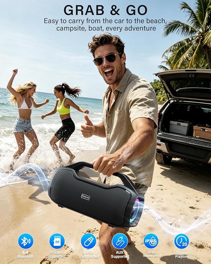 Portable Bluetooth Speaker Bass Boost, 120W Peak Loud Powerful Speakers Wireless w/2*Bass and 2*tweeters, 20H Playtime,IPX6 Waterproof, BT5.4, Suitable for Party, Beach, Camping,Outdoor,Large Jobsite