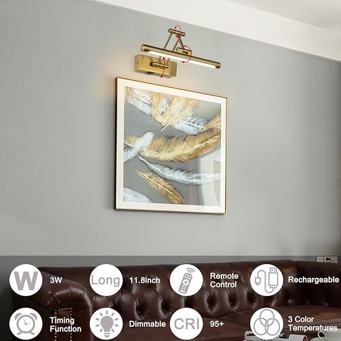 Battery Operated Picture Light with Remote,Wireless Gallery Lights Brass 12in Rechargeable Display Light with Flexible Swing Arm,Dimmable Wall Sconce for Artwork on Wall