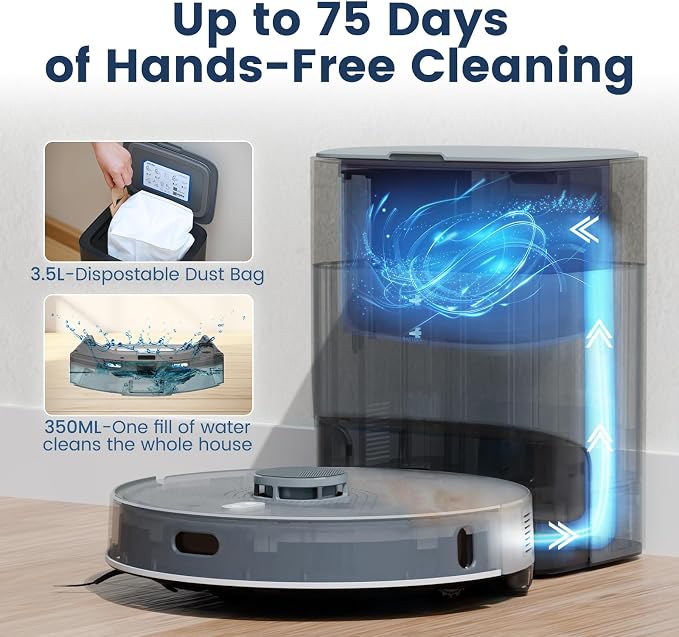FIXR Robot Vacuum and Mop with Self-Emptying, 75-Day Hands-Free Cleaning 12,000Pa Suction, T25-GR