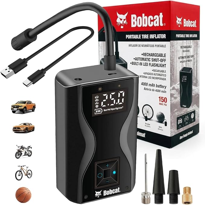 Bobcat Tire Inflator Portable Air Compressor 4000 mAh – 150 PSI - Fast Inflation Cordless Air Pump for Car Tires with Digital Pressure Gauge – Portable Air Pump for Car, Motorcycles, Bikes & Balls