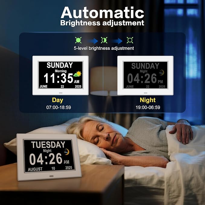 11'' Large Display Digital Clock for Seniors, Digital Calendar Alarm for Elderly Clock with Date Day of Week 12 Alarms 4 Colors Desk Wall Clocks for Memory Loss Alzheimers Dementia Auto DST/Dimmer