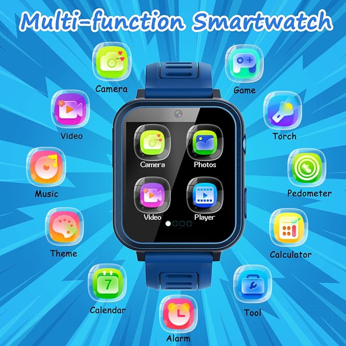 Wiszodet Kids Smart Game Watch with 39 Games HD Touch Screen Video Camera Music Player Pedometer Flashlight Alarm Clock 12/24 hr, Gifts for 5-12 Year Olds Boys
