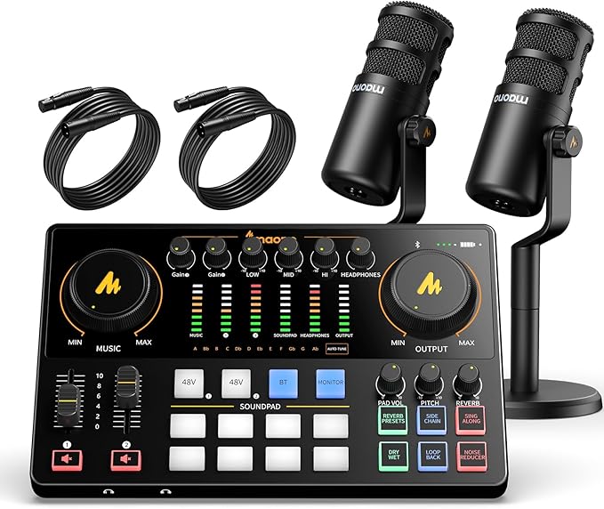 MAONO Podcast Equipment Bundle for 2: Audio Interface Mixer with 2 XLR Dynamic Mic Noise Reduction Podcast Streaming MaonoCaster E2 Gen2C