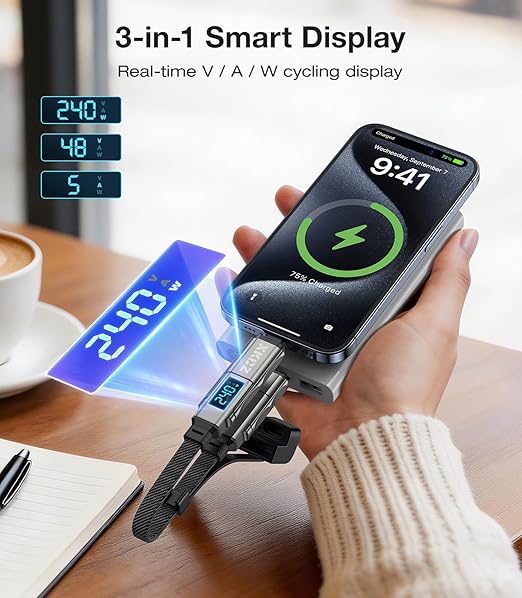 XKCZ Keychain USB C Cable with V/A/W Display, 4 in 1 Charging Cable Combo Type C/USB A/L Port, 240W Fast Charging Short Cable, USB C Keychain Portable Cord for iPhone/iPad/Samsung/Laptop, 8 inches