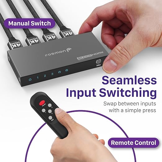 Fosmon 3-Port HDMI 4K Switch with Remote, Support 4K@60Hz HDCP 2.2 High Speed 18Gbps 3 in 1 Out Auto-Switching 3x1 HDMI 2.0 Switcher Splitter Hub Compatible with PS5, Xbox X, Apple TV