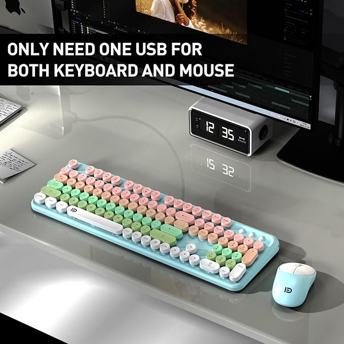 Wireless Keyboard and Mouse Combo, Cute Retro Typewriter Style Round Key Keyboard for Long Nails,2.4GHz Full Size Clicky Aesthetic Colorful Keyboard with Number Pad for PC Laptop Desktop, Pink Green