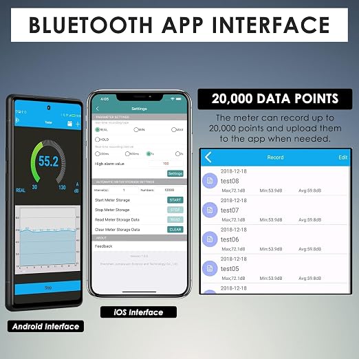 Decibel Meter Bluetooth, Portable Sound Level Meter with Data Logging, Can Fit with Smartphone App Recording, 30 to 130dBA Noise Decibel Meter SPL Meter w/Data Hold MAX MIN Alarm Backlit LCD Display