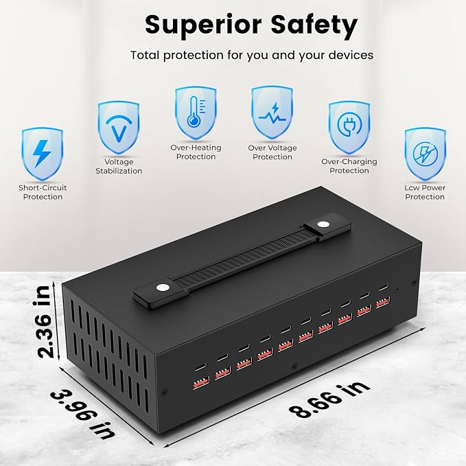 Portable USB~C Charger Block, 200W(20A) 20 Port (10 A & 10 C Port) Home Fast Charging Station for Multiple Devices, Desktop USB Wall Charger Compatible with iPhone, iPad, Kindle, Tablets, Watch