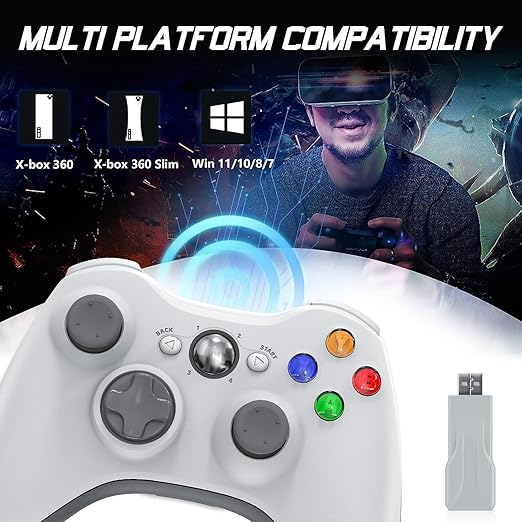 Gamrombo 2 Pack Replacement for Xbox 360 Controller, Wireless Controllers Gamepad Upgraded Joystick Compatible with 360 & Slim, Windows 11/10/8/7 PC Controller with Dual Shock, 2.5mm Audio Jack(White)
