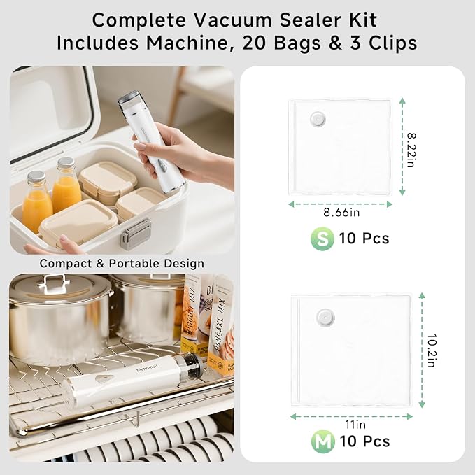 Mehomeli Compact Vacuum Sealer for Food (Vacuum Sealer Machine + 20 Reusable Vacuum Bags), Powerful Handheld Vacuum Sealer Machine, Seal Food 6X Fresh Longer, Portable & Wireless, Easy-Clean