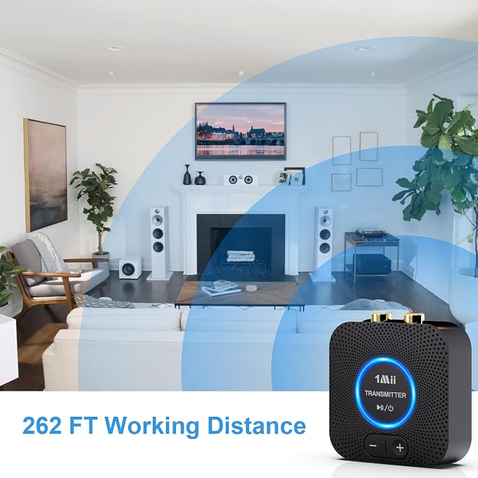 1Mii 2.4GHz Wireless Audio Transmitter Receiver Set (1 TX+1 RX) for TV, 262Ft/80M Long Range 25ms Low Latency with AUX RCA in/Out, Wireless Audio Adapter for TV PC Powered Speaker Amplifier Soundbar