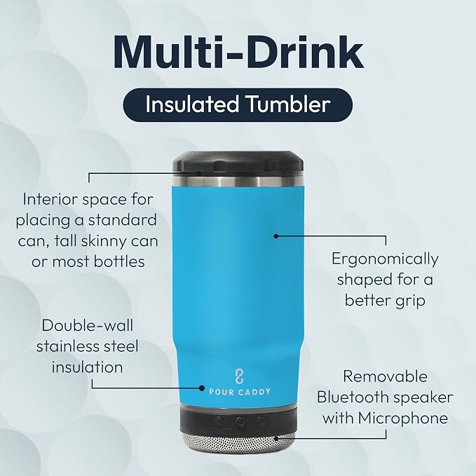 Vibe 4 In 1 Bluetooth Speaker Cup, Insulated Can and Bottle Holder for Hot or Cold Drinks, Double Wall Stainless Steel Drinkware, Fits 12 oz Cans or 14 oz Liquid, Water Blue