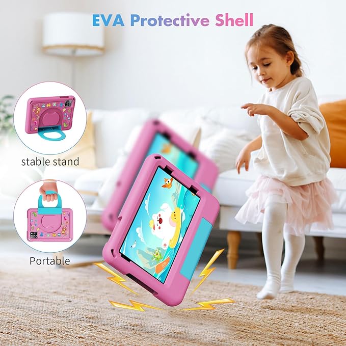 Android 15 Tablets with Case 7 inch Kids Tablet, 64GB Pad for Age 3-12 Toddler, Educationl, Games, Parental Control, Built in WiFi, Bluetooth, Dual Camera (Pink)