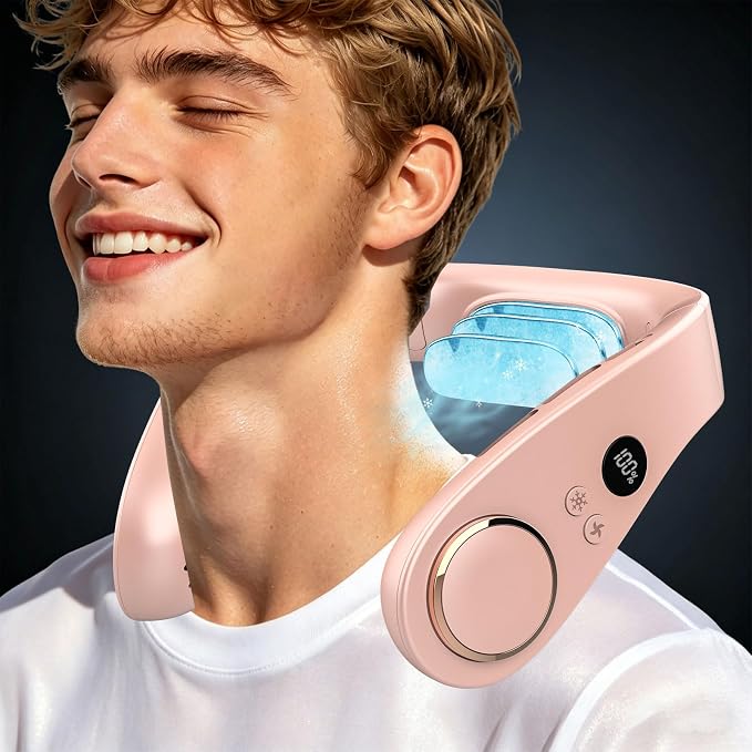 Neck Fan with Cooling Plate-Neck AC Air Conditioner,Rechargeable Battery Operated Neck Cooler,Bladless Power Light Weight Noiseless Cooling for Travel,Camping,Outdoor,Sports Pink