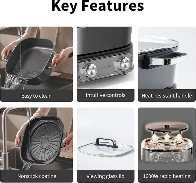 6-Quart Electric Skillet with Grill | Non-Stick PFOA-Free Ceramic-Coated Pot, 1600W, Timer & 3 Power Settings for Steak, Egg, Ramen (Includes Tongs) Pot & Grill