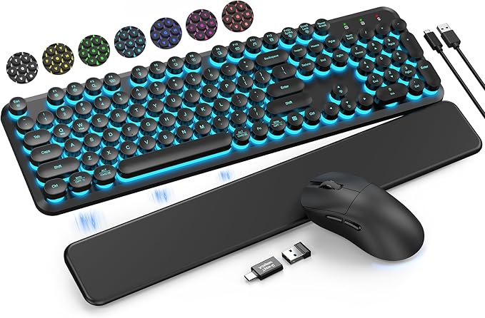 Wireless Keyboard and Mouse Backlit - Typewriter Keyboard with Magnetic Wrist Rest, Retro Round Keys, Light Up Letters, 2.4GHz Cordless Combo for Mac, Windows, PC, Laptop, Trueque CK23Pro [Upgraded]