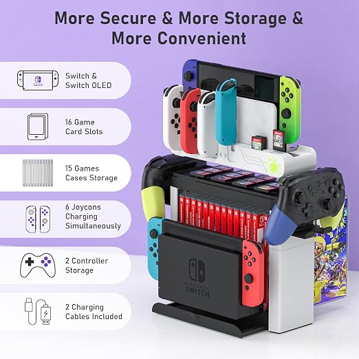 Switch Game Storage with Controller Charger for Nintendo Switch & OLED Model (Designed for Splatoon 3), Switch Charging Dock Charges 6 Joycons, Gaming Accessories Holder Switch Gift Card Organizer
