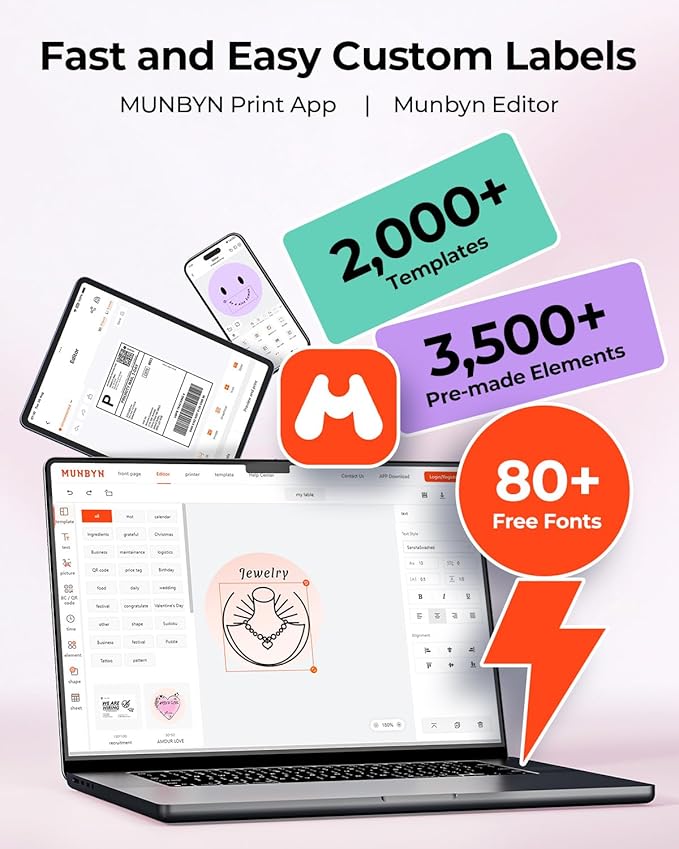 MUNBYN Bluetooth Thermal Label Printer RW403B, Wireless 4x6 Shipping Label Printer for Small Business, Compatible with Android, iPhone, Windows, Mac, Chromebook, Print Width 1.57"-4.25" (Pink)