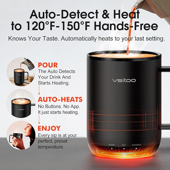 Vsitoo S3 Plus 14oz Self Heating Coffee Mug with Auto-Sensing AI - Smart Rechargeable Heated Mug, Temperature Control 120-150℉, IPX7 Waterproof, Coffee Warmer Gift for Women Men - Black