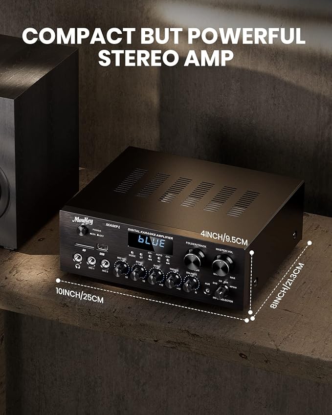 Moukey Stereo Receivers with Bluetooth 5.0, 2.0 Channel Power Audio Amplifier Stereo System w/USB, SD, AUX, RCA, MIC in w/Echo, LED for Karaoke, Home Theater Speakers, 400W Peak, 25W× 2 RMS- MAMP1