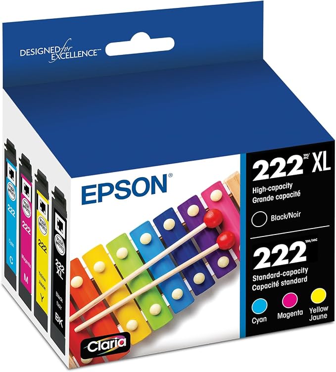 EPSON 222 Claria Ink High Capacity Black & Standard Color (Cyan/Magenta/Yellow) Cartridge Combo Pack (T222XL-BCS) Works with WorkForce WF-2960 Expression XP-5200