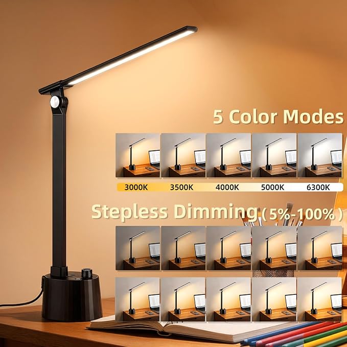 BOHON Small Desk Lamp with USB C Charging Port, Stepless Dimming 5 Colors Reading Light, Space-Saving Rotating Head Desk Lamp for Home Office, Dorm, Bedroom, Black