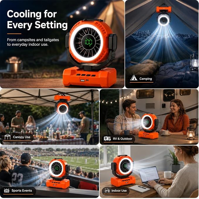 Portable Camping Fan 3-in-1, Auto-Oscillating 20000mAh Rechargeable Fan with Light, 1-100 Speed, 12H Timer, Display, Cordless Battery Powered Fan for Indoor, Outdoor, Travel, Fishing, Tent, Bedroom