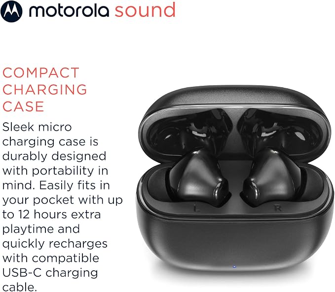 Motorola Sound Moto Buds 125 True Wireless Earbuds, IPX5 Waterproof Sweatproof Touch Control Ear Buds with Dual Noise Cancelling Microphone, Charging Case, Black