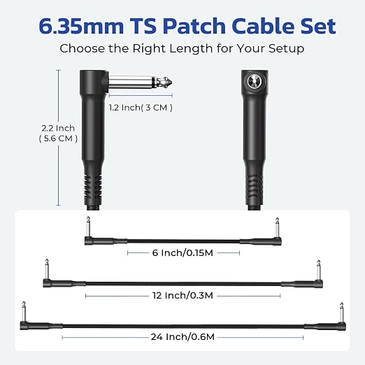Ruxely Guitar Patch Cables 12-Inch 6-Pack,6.35MM Effects Pedal Board Cord,Nylon Braided 1/4 Right-Angle Instrument Audio Cable,Pedalboard Connector TS Copper Wire for Amp/Amplifier,Mixer,Electric Bass