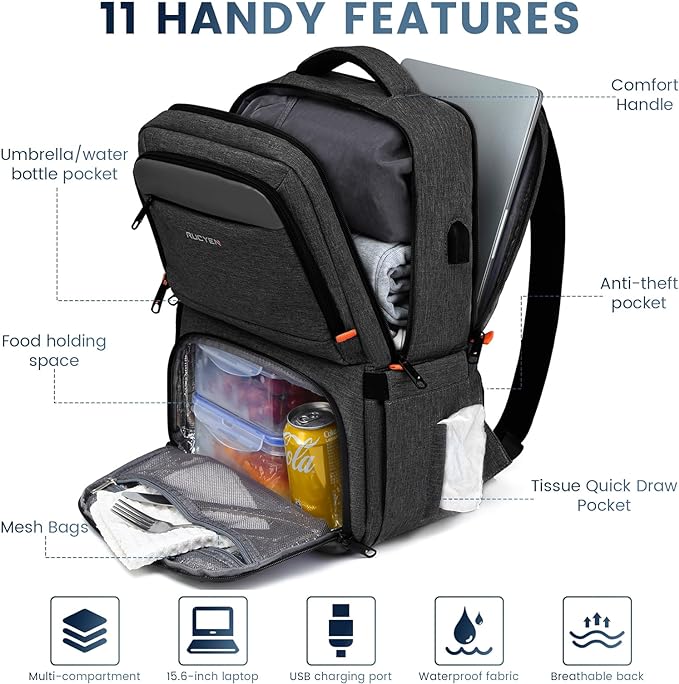 RUCYEN Lunch Backpack, Insulated Cooler Backpack Lunch Box for Men Women, 15.6 Inches RFID Blocking Laptop Backpack with USB Port Lunch Bag for Work Travel Black
