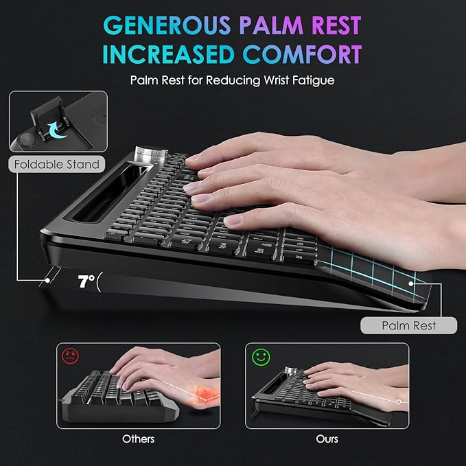 Full-Size Ergonomic Keyboard and Mouse, 2.4GHz Wireless Keyboard and vertical Mouse with Tablet Phone Holder, Wrist Rest for Computer Mac PC Laptop Chromebook, Black