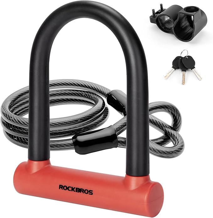ROCKBROS U Lock Bike U Lock with Cable Heavy Duty Anti Theft Bike Lock U-Lock 4 ft Cable Mounting Bracket for Bikes eBikes Motorcycles Scooters
