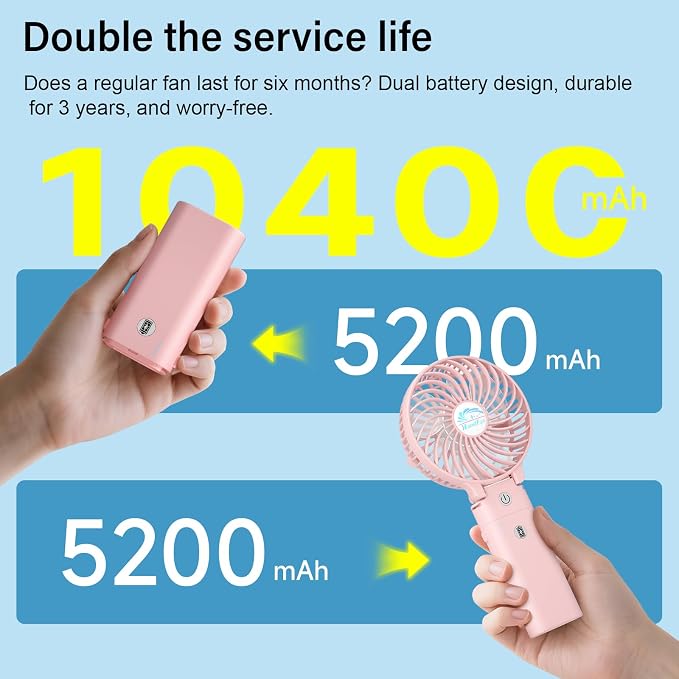 HandFan 10400mAh Personal Handheld Fan, 40Hrs Long-Lasted Hand Fan Rechargeable, Mini Cooling Fans Foldable, Heavy Duty Battery Fans Portable for Travel Beach Concerts Cruise Makeup(Pink)